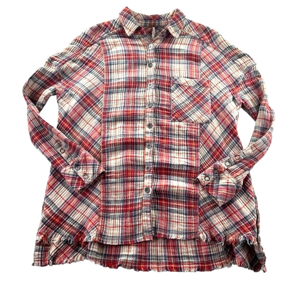 Free People Juniper Ridge Plaid Flannel Shirt S Distressed Boho Top Cabin Grunge